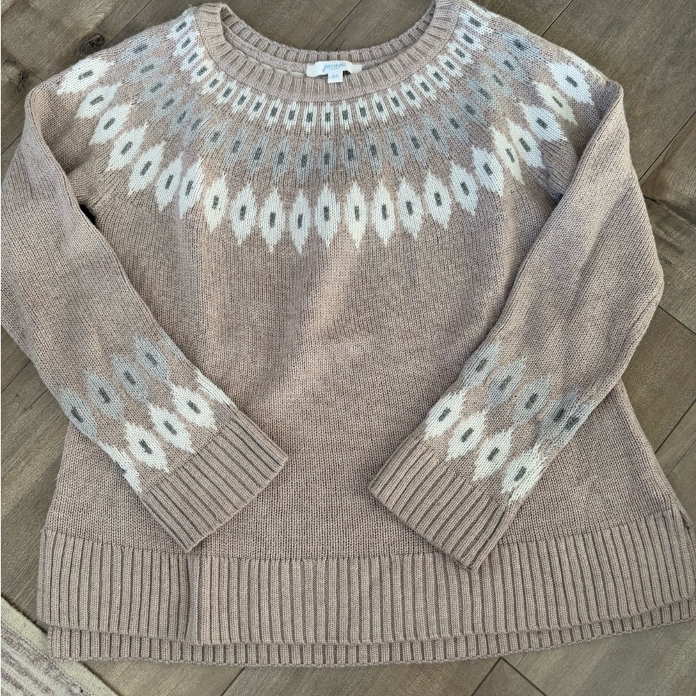 Jacadi Girls Beige Fair Isle Knit Sweater with White & Light Gray Accents